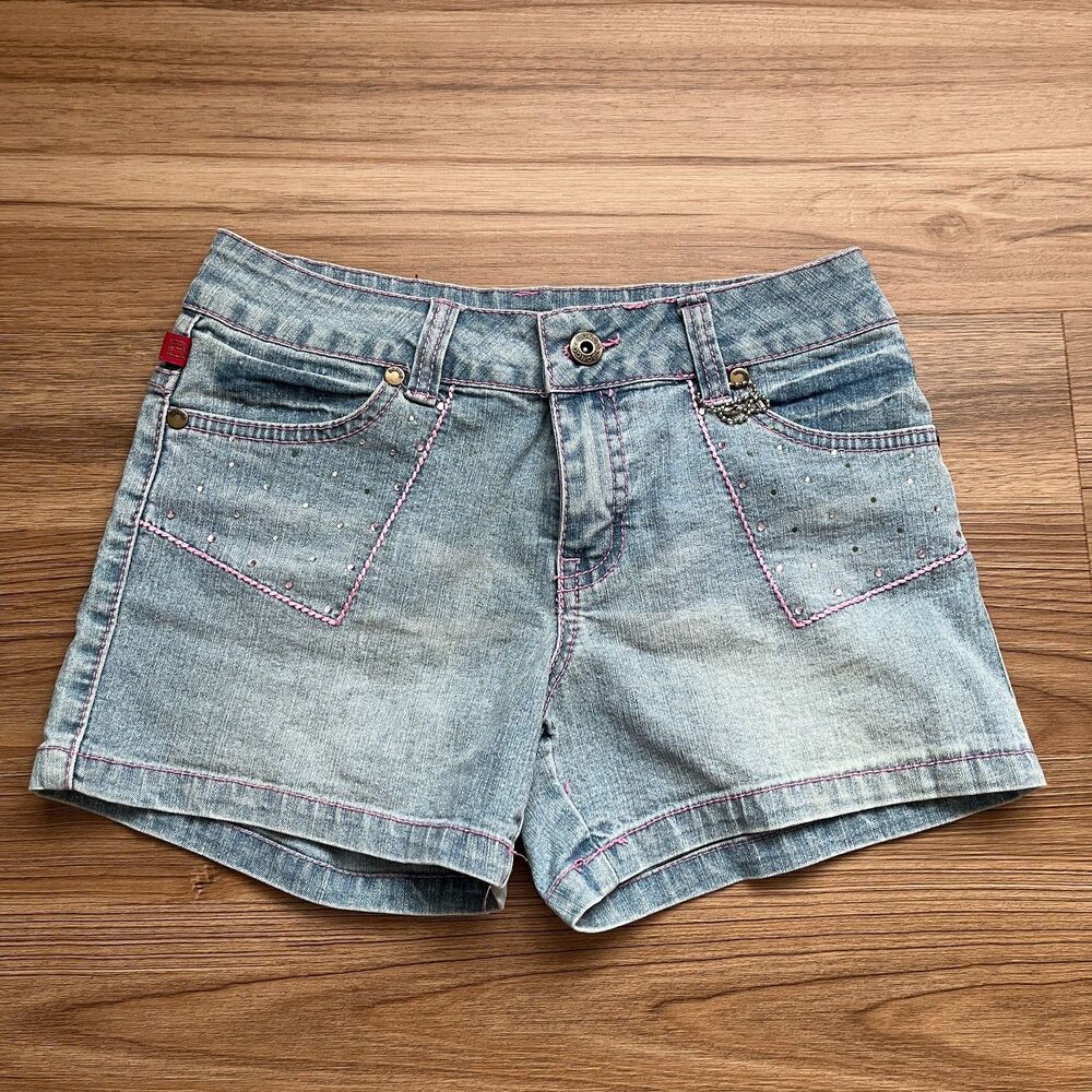 Vintage Bongo Light Wash Low Rise Denim Mini Shorts Woman's 12 Y2K Pink Bedazzle